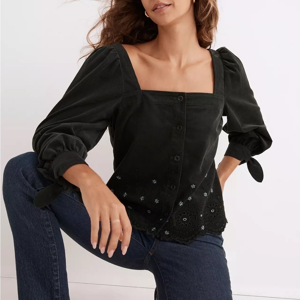 Madewell embroidered eyelet corduroy tie sleeve top dark palm